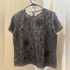 Jones New York Black Beaded Sheer 100% Silk Blouse Top |Vintage Size 8